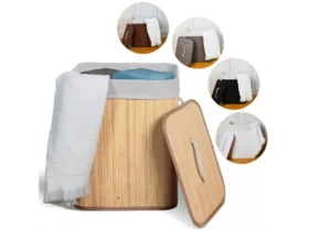cesto de roupa suja bambu 50 litros com tampa e alças grande organizador multiuso