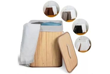 cesto de roupa suja bambu 50 litros com tampa e alças grande organizador multiuso