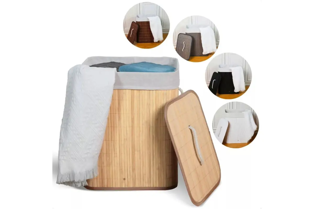 Cesto de Roupa Suja Bambu Com Tampa e Alças 50 Litros Grande Organizador Multiuso cesto de roupa suja bambu 50 litros com tampa e alças grande organizador multiuso