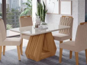 conjunto sala de jantar ágata em mdf com tampo e vidro com 4 cadeiras paola cimol