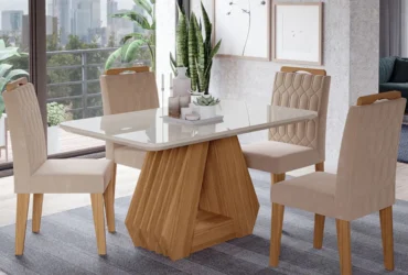 conjunto sala de jantar ágata em mdf com tampo e vidro com 4 cadeiras paola cimol