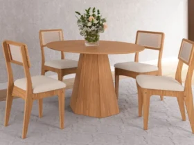 conjunto sala de jantar mesa lisboa hexagonal com 4 cadeiras 100% mdf palha sintética móveis dalla costa