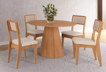 conjunto sala de jantar mesa lisboa hexagonal com 4 cadeiras 100% mdf palha sintética móveis dalla costa