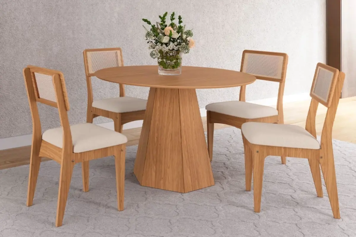 Conjunto Sala De Jantar Mesa Lisboa Hexagonal Com 4 Cadeiras Palha Sintética 100% MDF Móveis Dalla Costa conjunto sala de jantar mesa lisboa hexagonal com 4 cadeiras 100% mdf palha sintética móveis dalla costa