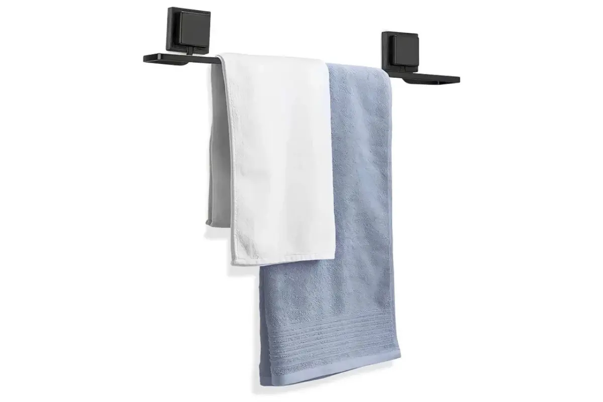 Suporte Porta Toalha De Banho Para Banheiro Sem Furo Com Fita 3m Preto suporte porta toalha de banho para banheiro com fita 3m sem furo preto